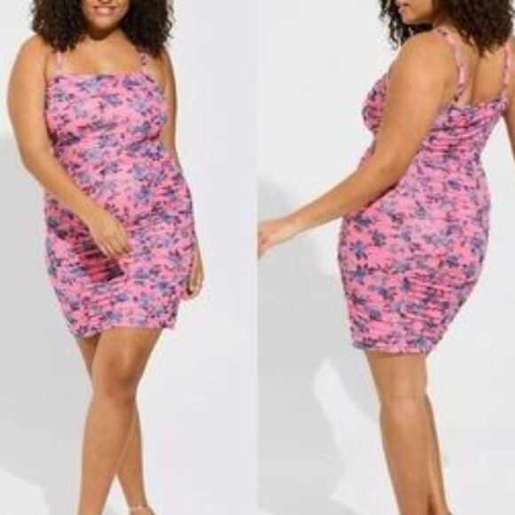 Torrid Plus Size Mini Mesh Shirred Bodycon Dress in Rose Pink Size 2X NEW! - Picture 1 of 14